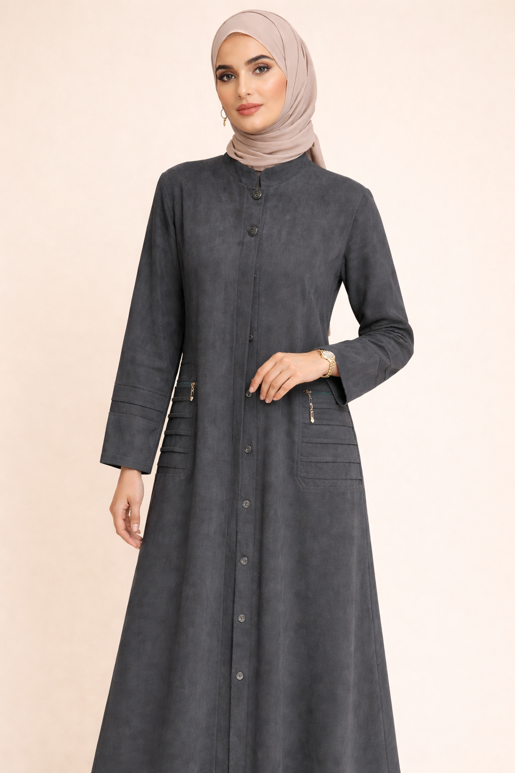 Abaya Faux Daim avec poche zippée